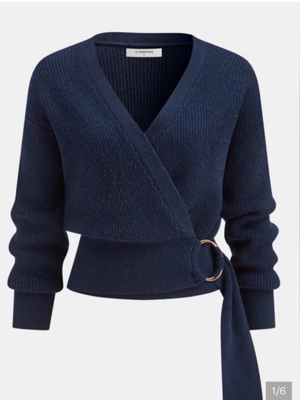 Commense Navy Wrap V‑Neck Sweater with Side Ring Tie